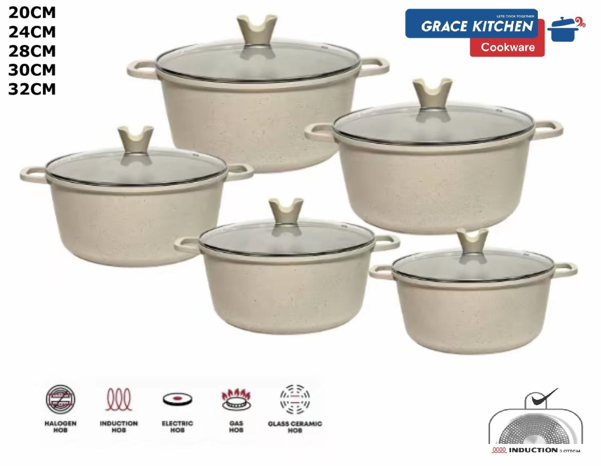 Premium Die-Cast Aluminum Stockpot Set 5pc (CREAM)